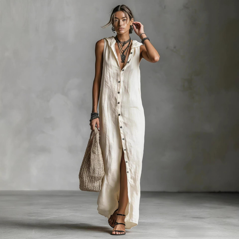 Independent Website 2026 Summer European and American Aliexpress New Cross-Border Style Buttoned Dress Sleeveless Hooded Long Dress Women's Clothing