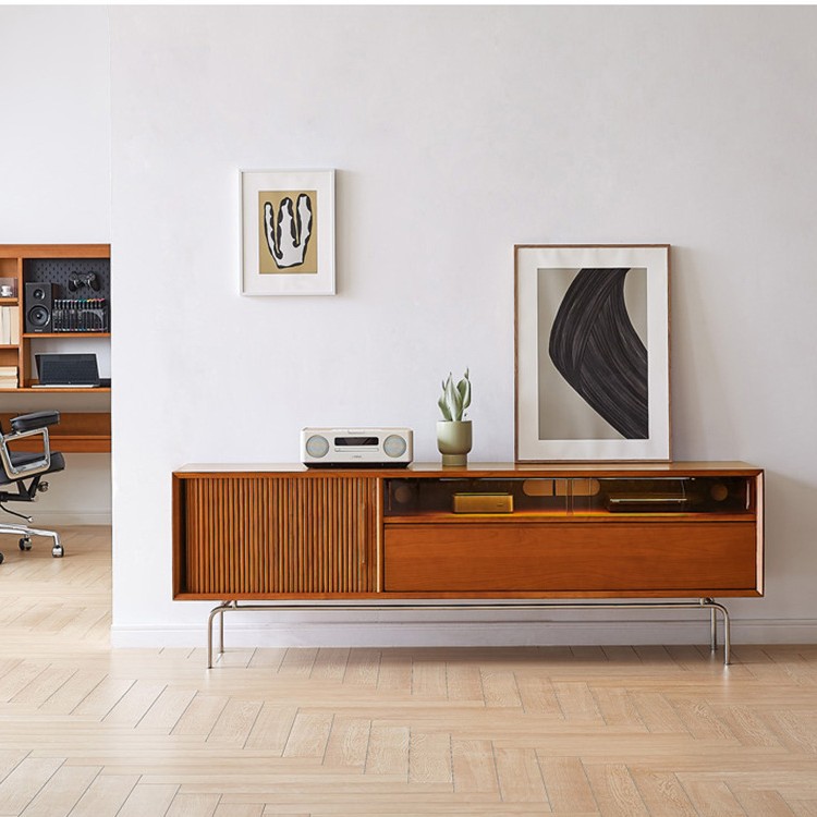 Nordic solid wood TV cabinet household small apartment stainless steel floor storage cabinet living room mid-ancient storage audio cabinet