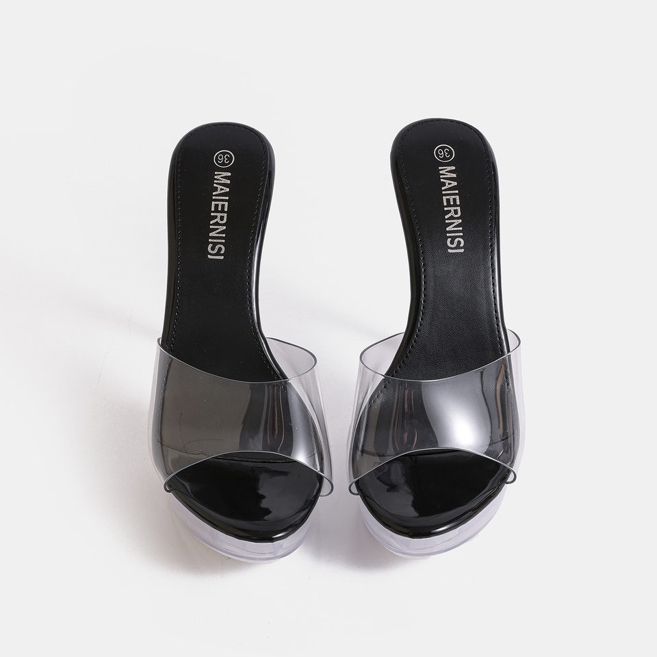Dép sandal nữ quai ngang gót nhọn siêu cao 9 cm đế platform mũi hở — bạc, màu hồng, màu mơ, màu đỏ chi tiết 2