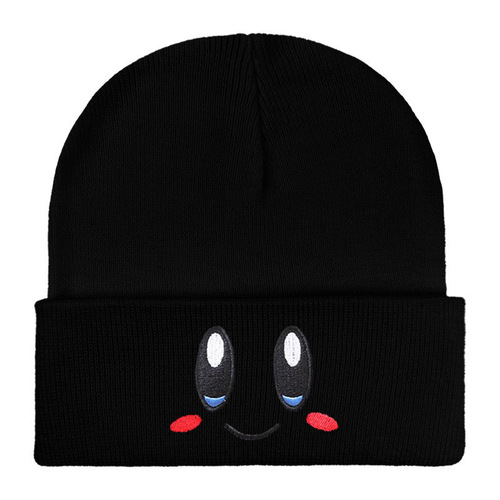 Eye-catching smiley cartoon cute college-style knitted hat, soft pink star-shaped Kirby embroidery expressive versatile yarn hat
