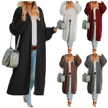 欧美女装爆款亚马逊秋冬外套跨境休闲针织纯色长款开衫毛衣外套女
