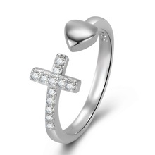 韓版十字架愛心鑲鑽戒指女 開口簡約精美時尚氣質十字形心形戒指