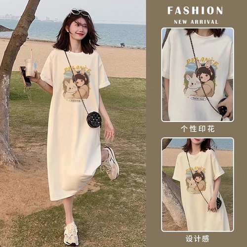 2025 new summer short-sleeved dress Korean casual lazy style T-shirt skirt loose large size over-knee long skirt