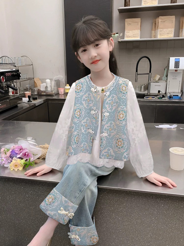 女の子韓服 2025 新作春服子供のおしゃれな中国風スーツ春秋女の子ツーピースセット|undefined