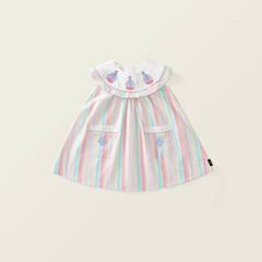 韓國童裝彩色條紋帆船刺繡女童連衣裙2024夏款海軍風無袖寶寶裙子