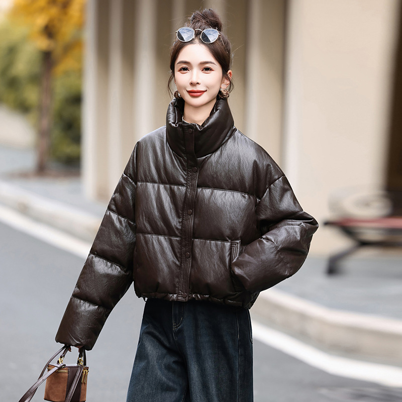 White Duck down Stand Collar down Jacket for Women 2025 Loose Thick Pu Leather Jacket Small Jacket Trendy Yf2681