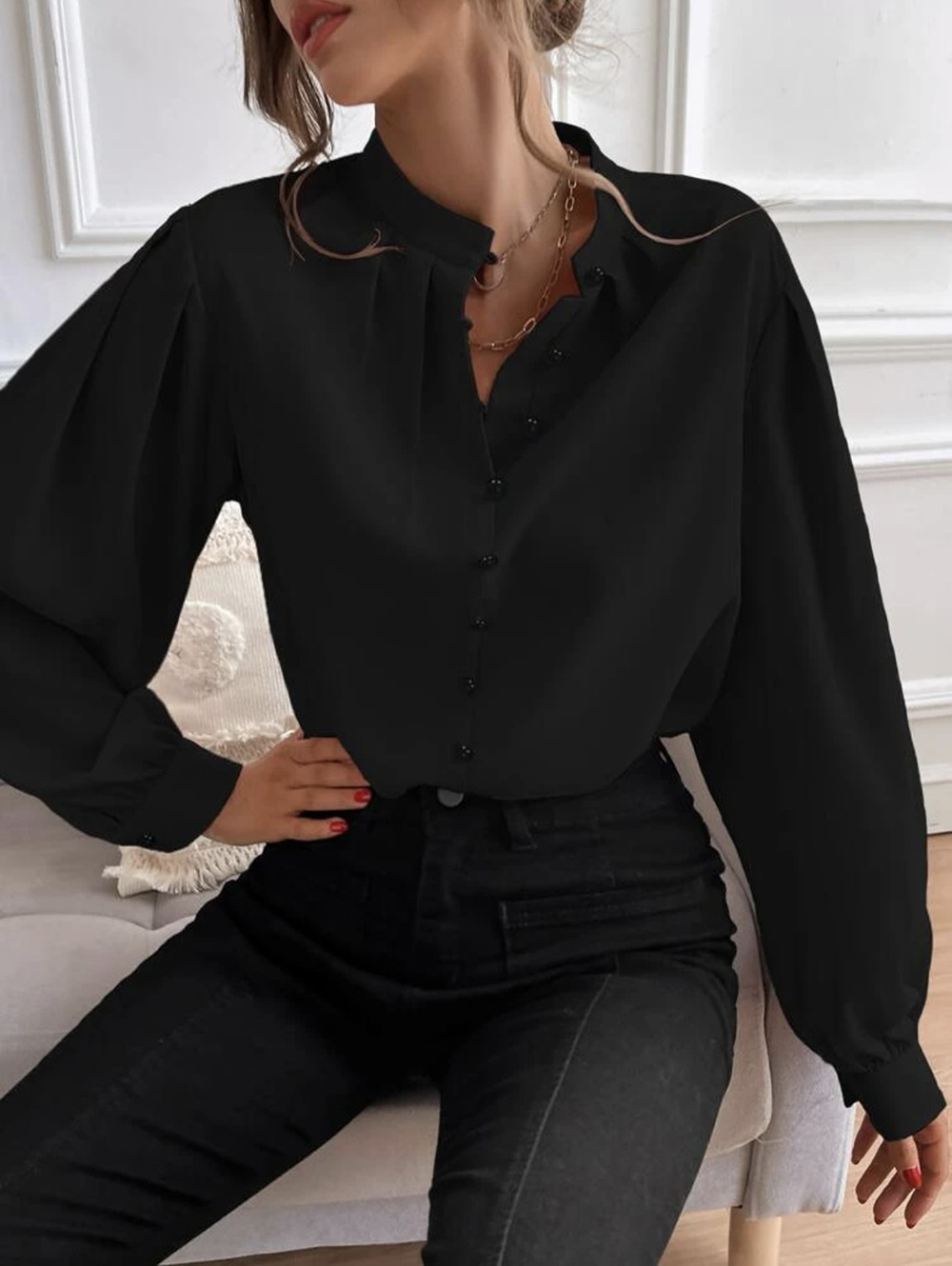 En stock transfronteriza europea y americana 2023 Amazon camisa de las mujeres populares semi-abierto cuello de color sólido suelta de manga larga elegante image 7