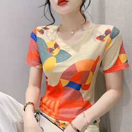 欧货新品竹节棉纱撞色晕染上衣女短袖透气凉爽抽象印花打底衫大码