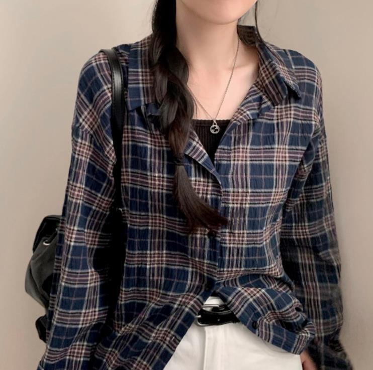 Korean Style Versatile Plaid Loose Shirt 2025 Autum New Retro Large Profile Long-Sleeved Top Korean Style Versatile Plaid Loose Shirt 2025 Autum New Retro Large Profile Long-Sleeved Top