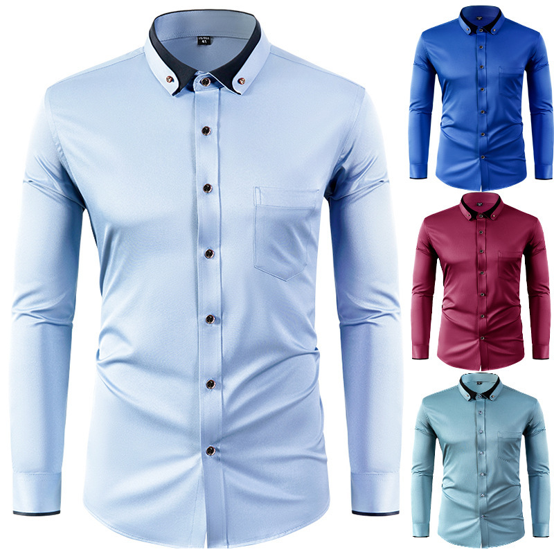 Amazon Stretch Shirt Men's Long Sleeve Diamond Button Contrast Collar Design Solid Color Slim Fit Men's Shirt Cross Border Men's Wear Amazon Stretch Shirt Men's Long Sleeve Diamond Button Contrast Collar Design Solid Color Slim Fit Men's Shirt Cross Border Men's Wear