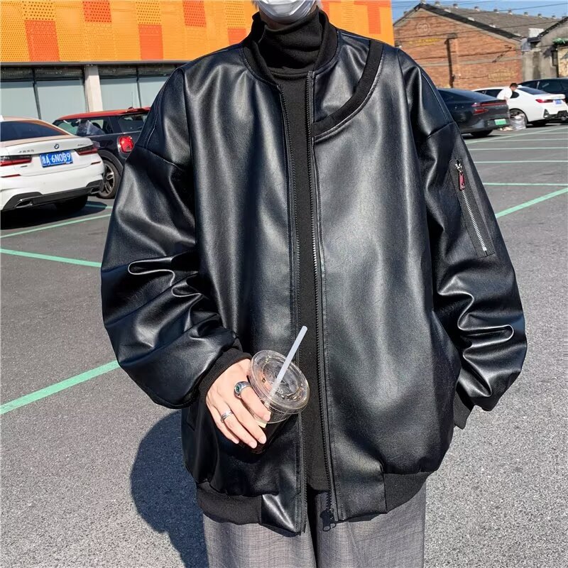 Motorcycle Leather Jacket Men's Spring and Autumn New American Style Retro Design Sense Trendy Brand Loose Couple Ruffian Handsome Leather Jacket Trendy Motorcycle Leather Jacket Men's Spring and Autumn New American Style Retro Design Sense Trendy Brand Loose Couple Ruffian Handsome Leather Jacket Trendy