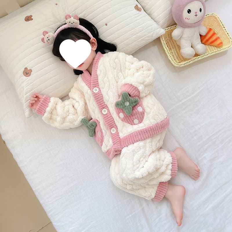 女童珊瑚绒睡衣秋冬保暖加厚女孩女宝宝冬款开衫儿童法兰绒家居服