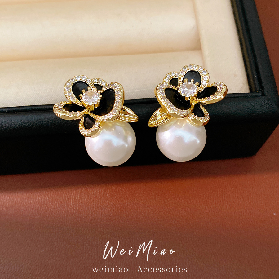 14 quilates de oro real, flores de piedra, perlas, perlas, temperamento, personalidad, pendientes de nicho, auriculares de lujo ligero y de alta calidad. image 4