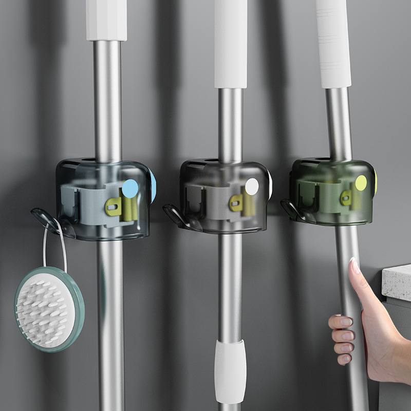 Mop hook hanger free of punching wall-mounted bathroom mop storage rack adhesive strong fixed buckle broom clip