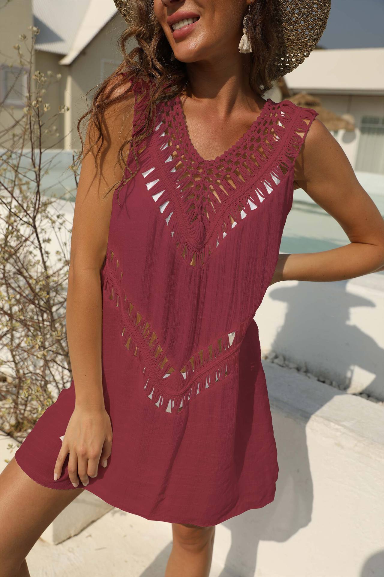 V-Neck Hollow A-Line Beach Vest Dress NSOY104710