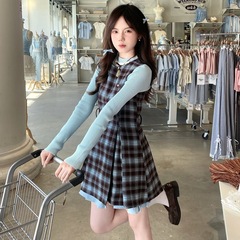フレンチ高级感ブラウンブルーのチェック柄のシックな绝妙なファッションワンピース女性の秋のニット上着2点セット