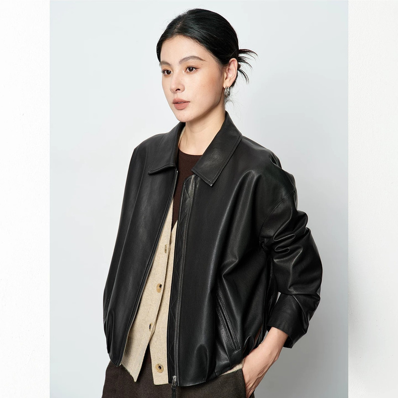 Women's genuine leather jacket, casual slim-fit coat, 2026 autumn new model, sheepskin with pleated hem, balloon silhouette leather jacket