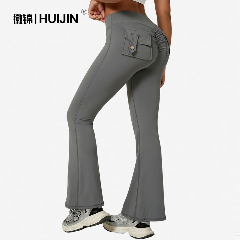 Cross-Border Popular Lulu Yoga Pants with Pockets, European and American Style Peach Butt-Lifting Yoga Flared Pants, Fitness Drapey Quick-Dry Workwear