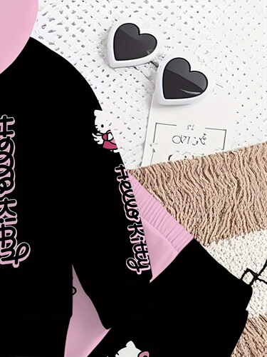 2-piece Hello Kitty girl pink and black color matching trendy digital print design set, including hooded guards