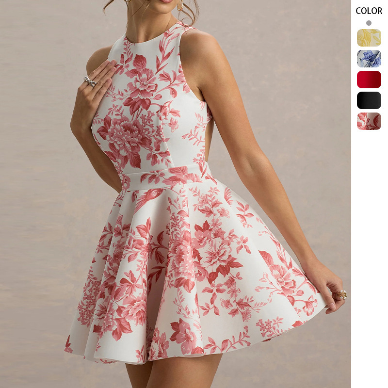 Women's Spring and Summer Dresses European and American Amazon Cross-Border Foreign Trade Women's Lace-Up Printed Suspender Mid-Length Skirts in Stock