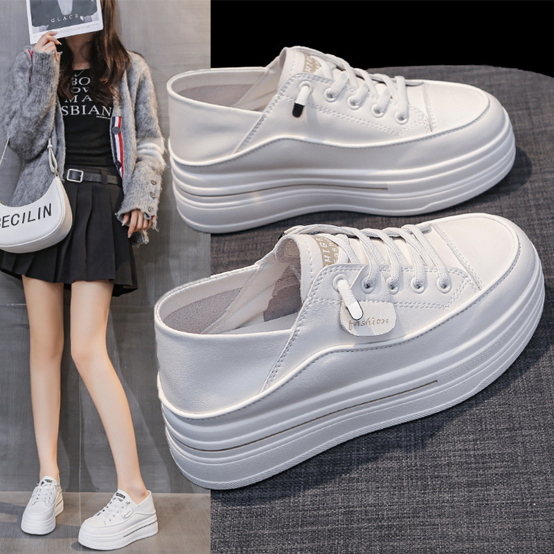 Genuine Leather Inner Height-Increasing White Shoes for Women 2025 Spring New Thick-Soled Two-Wear Sneakers One-Leg Sports and Leisure Shoes