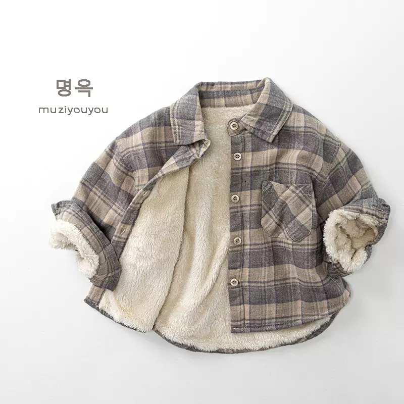 童装儿童格子加绒衬衫男女童保暖加厚上衣潮外套宝宝小童衣服批发