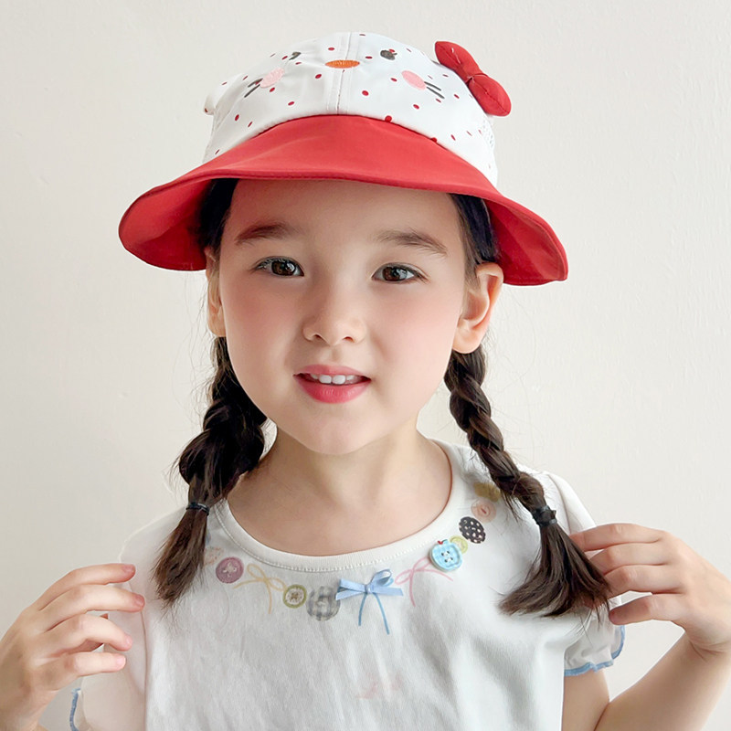 Red polka dot KT cat mesh fisherman hat (with windproof rope)
