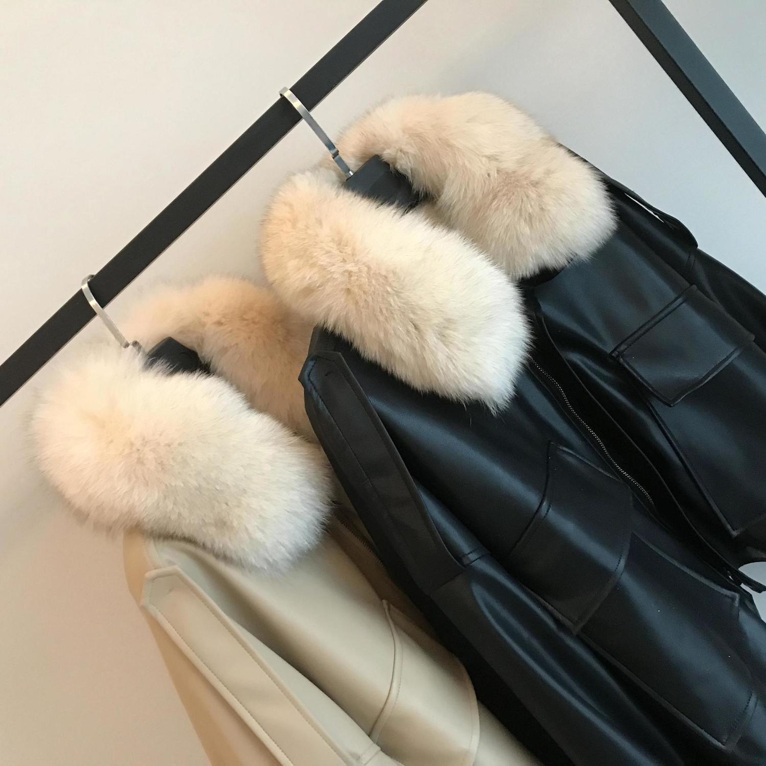 秋冬新品加绒加厚皮衣短款可拆仿狐狸毛毛领皮毛一体外套女