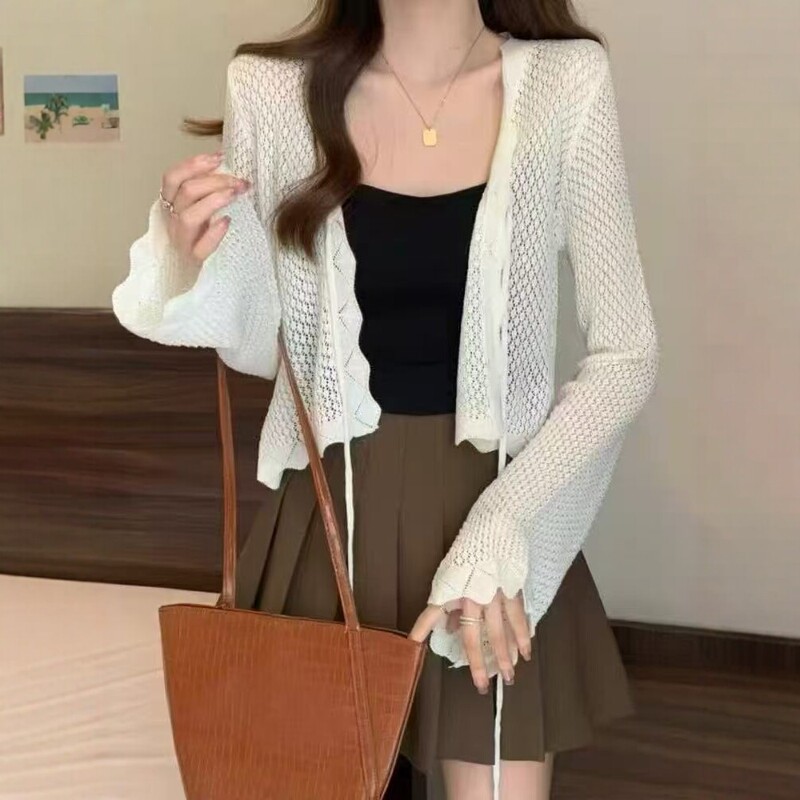 2026 New Korean Style Hollow-Out Knit Cardigan for Women, Summer Thin Sun-Protective Cover-Up, Versatile Slimming Jacket