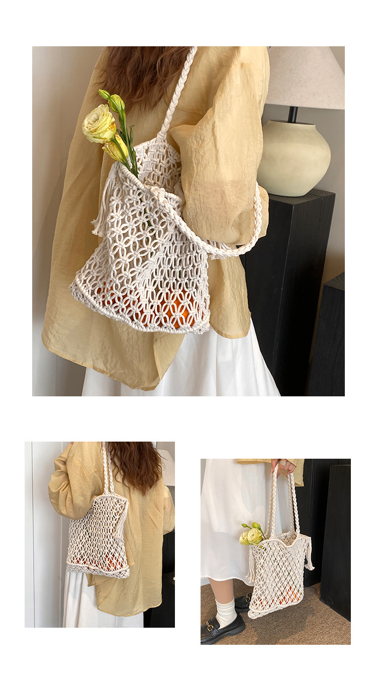 Women's Medium Cotton Rope Solid Color Vacation Beach Weave Hollow Open Handbag display picture 2