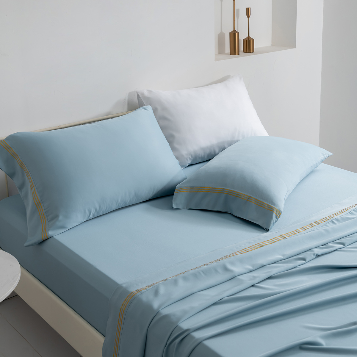 跨境家纺床上用品亚马逊热销纯色人棉烫金台版印花床护单四件套