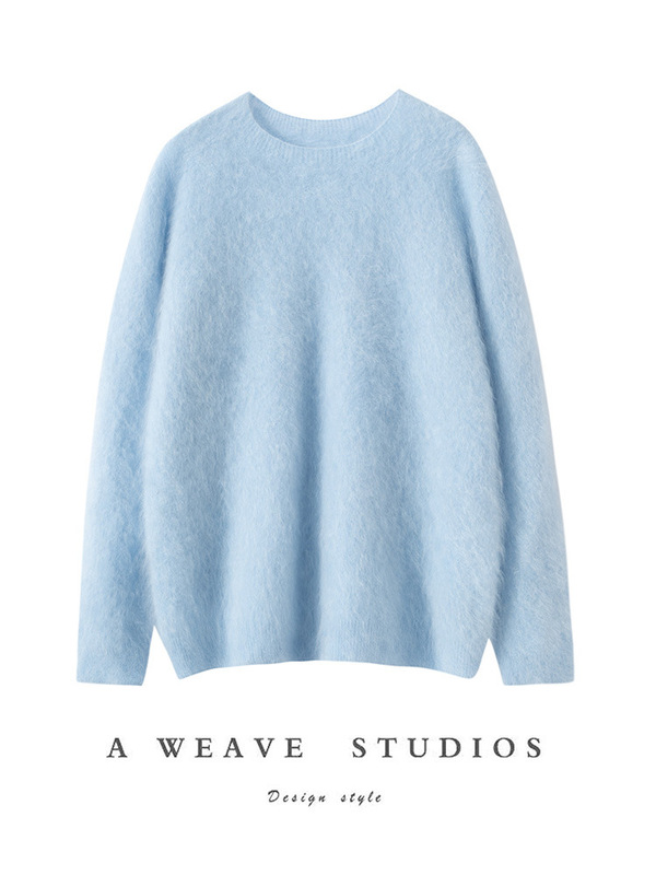 Heavy brushed pure cashmere ladies autumn and winter round neck baby velvet knitted sweater loose temperament base shirt