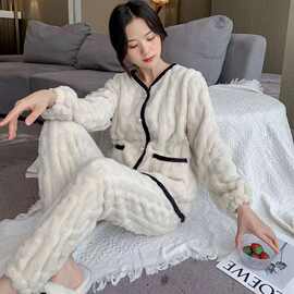 珊瑚绒睡衣女士春秋季新款中厚加绒大码法兰绒家居服套装可外穿棉