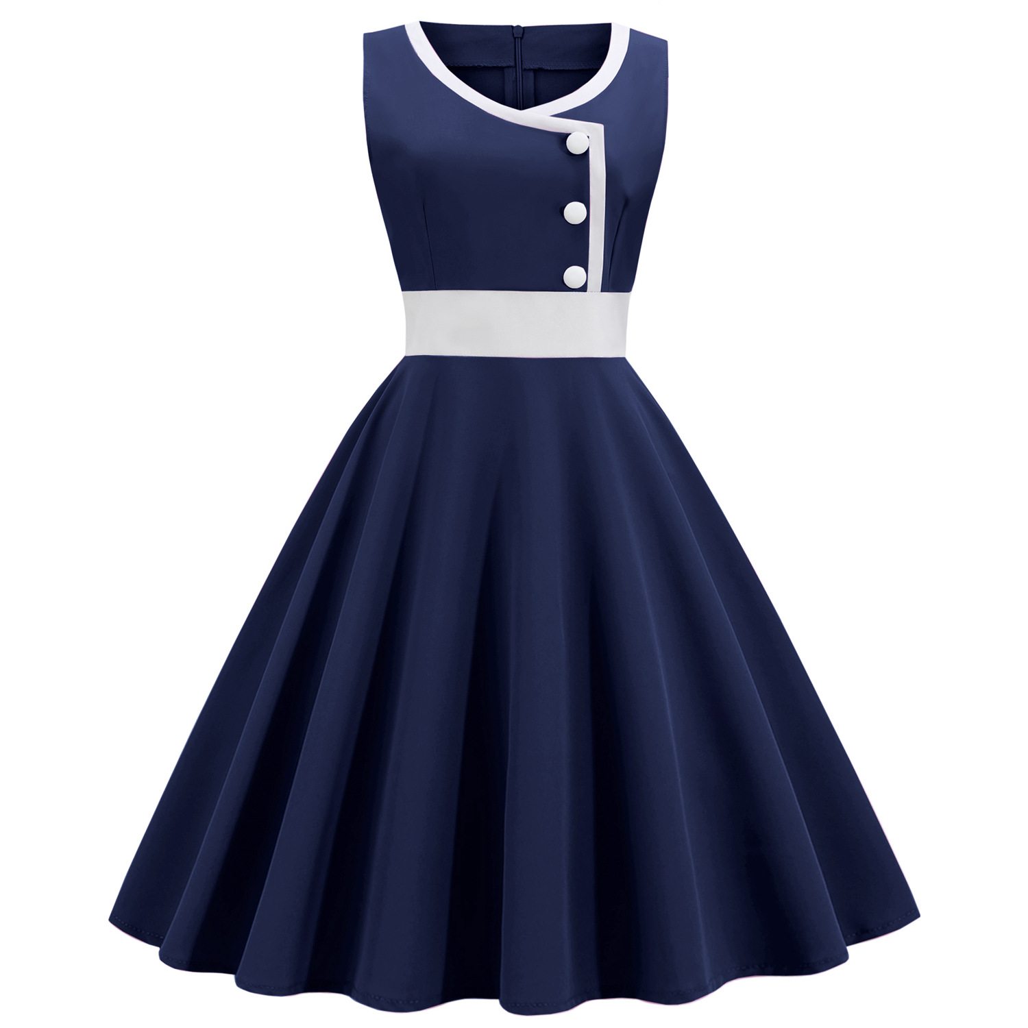 Femmes Hepburn rétro blanc rayure couture fausse simple boutonnage décoratif couleur unie grande jupe_voghion.com