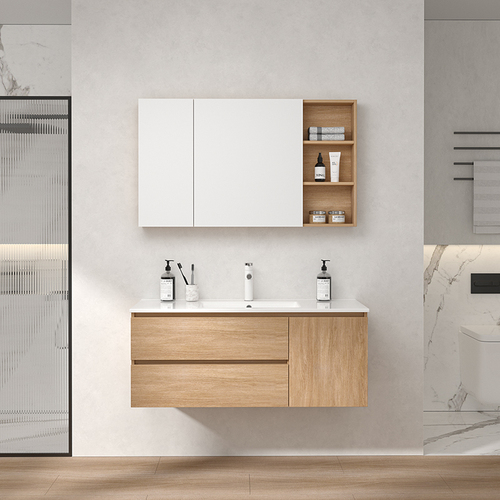 Custom wholesale original wood color integrated ceramic sink bathroom cabinet mirror cabinet set with face basin cream style bathroom