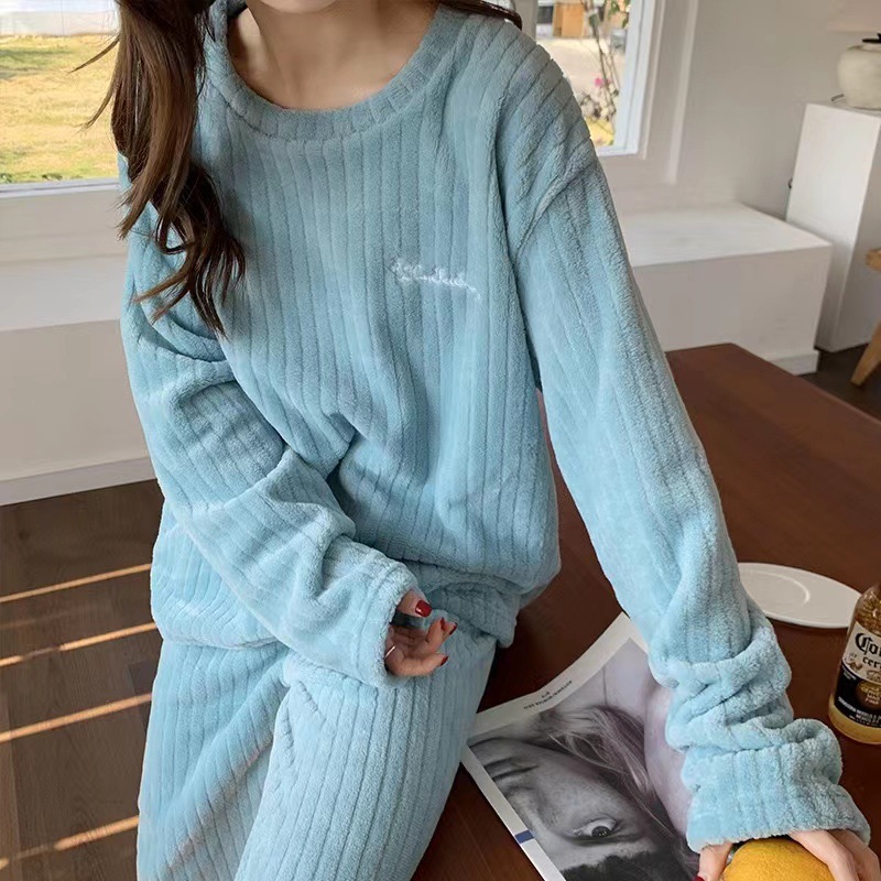 630g Weight Long Sleeve Sleeve Length Pajamas Lingerie Type Pullovers Placket Type Polyester Fabric Type Long Top Length Pants Sets Sets Type 2 Pieces Set Quantity Home Occasion Round Neck Neckline Warm Function Loose Fit Type Stripe, Solid Color Pattern Winter, Autumn Season Women's Gender Casual, Simple Style Style Autumn And Winter New Crescent City Warm Suit Casual Homewear Internet Celebrity Coral Fleece Thick Thermal Pajamas 4