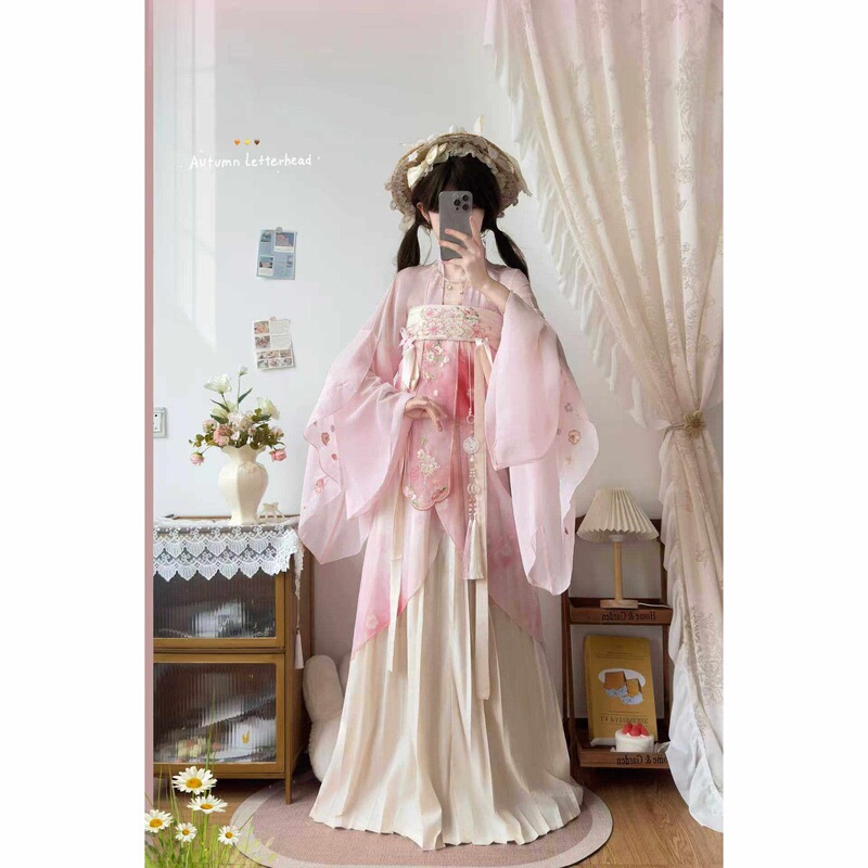 Luozhu Original Hanfu for Women: Sakura Tang-Style Qi Xiong One-Piece Ruqun with Embroidery, Han Elements, Daily Wear, Fairy Pink, Everyday Style