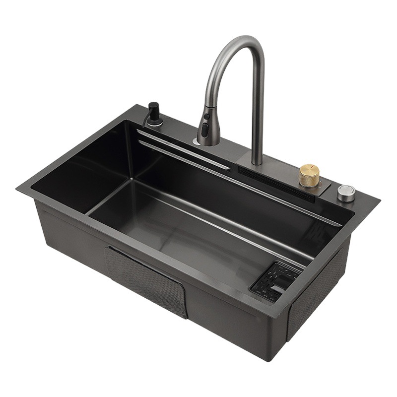Nano negro cocina vegetal lavado piscina engrosada multi-funcional hecho a mano fregadero de acero inoxidable 304 volando lluvia cascada fregadero traje