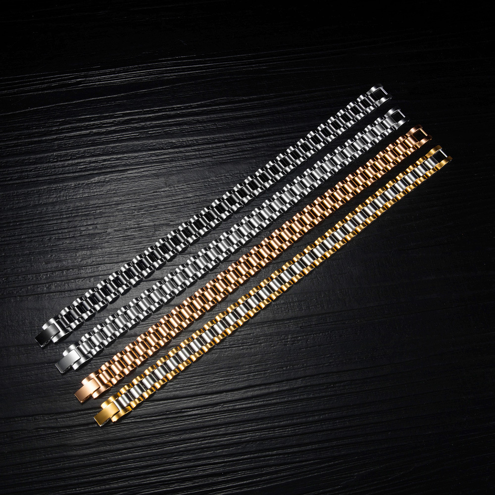 36g Weight Bracelets Classification Business, Travel Occasion Titanium Steel Material Geometric Pattern Men'S Gender Stoving Varnish Design Gold, Black Color Stainless Steel Fashion Men's Watch Chain Bracelet Wholesale Jewelry Nihaojewelry 2
