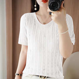 夏季薄款竹节麻短袖韩版冰丝T恤女镂空针织衫时尚上衣设计感小众