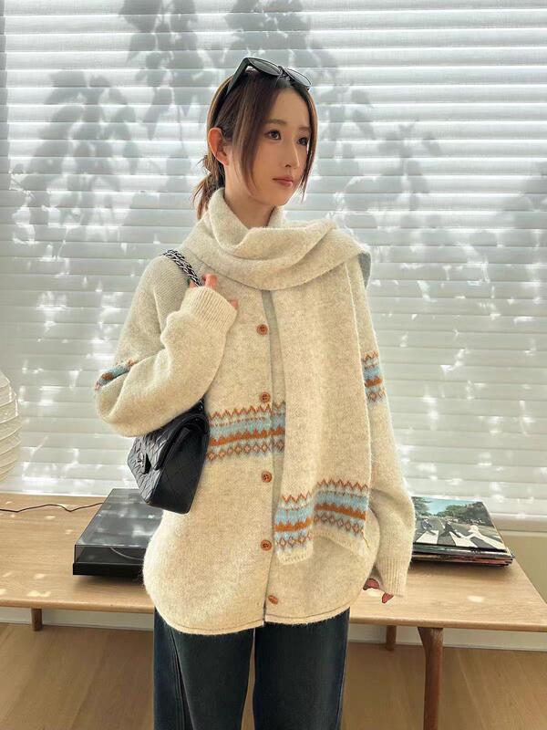 Korean-style Fair Isle sweater with scarf for women, 2026 summer new plus-size medium-long knitted cardigan for plus-size ladies Korean-style Fair Isle sweater with scarf for women, 2026 summer new plus-size medium-long knitted cardigan for plus-size ladies