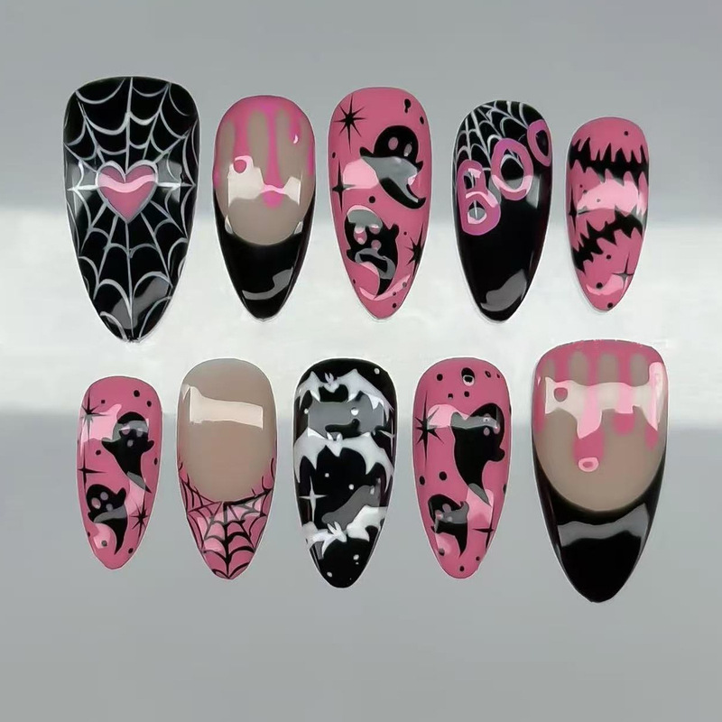 Halloween 30-Piece Pre-Designed Nail Tips with Black Color-Changing Ghost, Bat, and Spider Web Designs for Wearable Nail Art