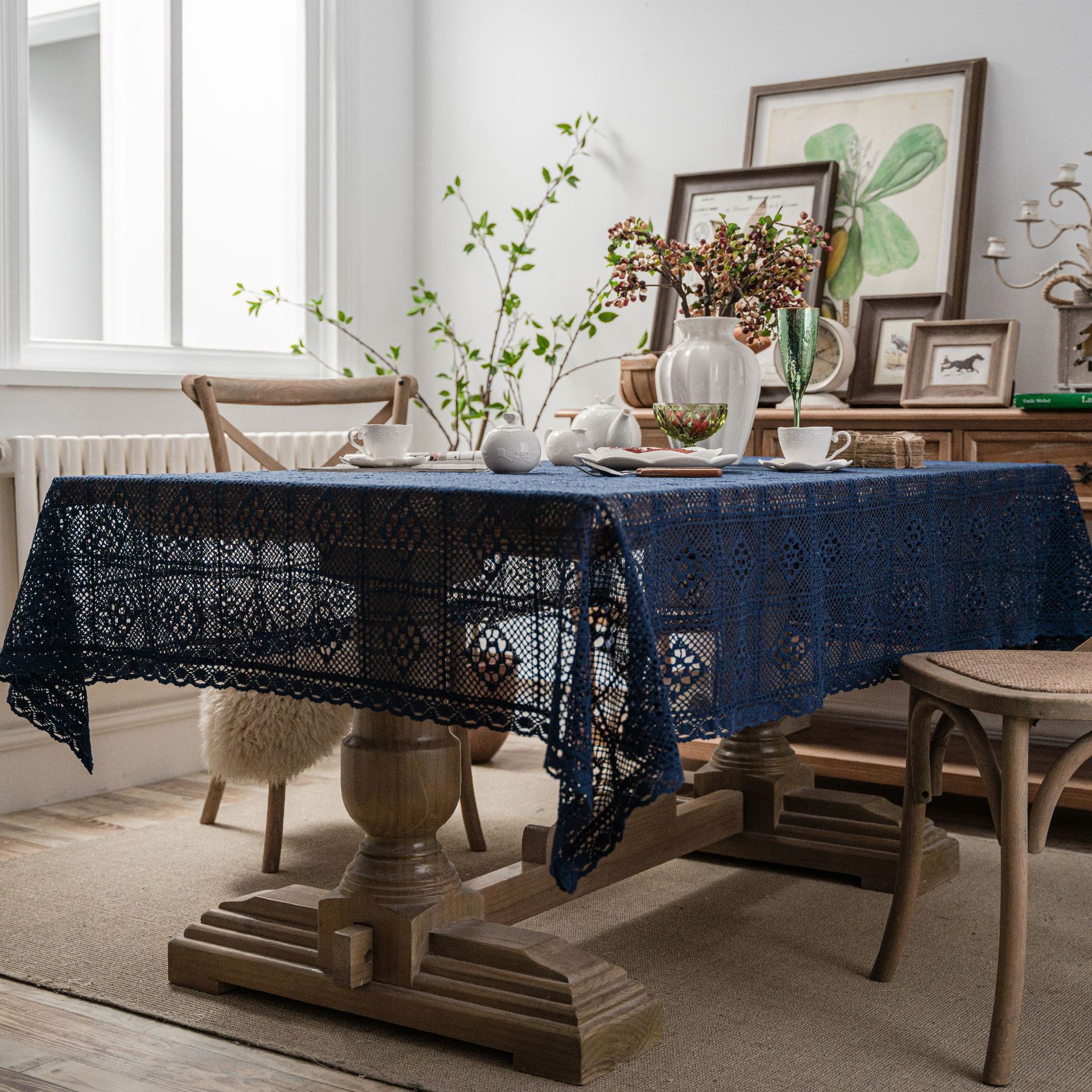 伊缦琪韵藏蓝复古美式钩针圆桌布针织镂空文艺茶几盖布拍摄背景布