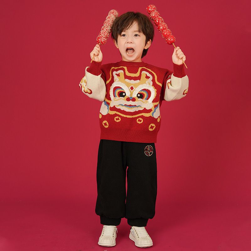 어린이 신년 의류 세트 2023 년 새 소년 소녀 니트 스웨터 드래곤 투피스 세트