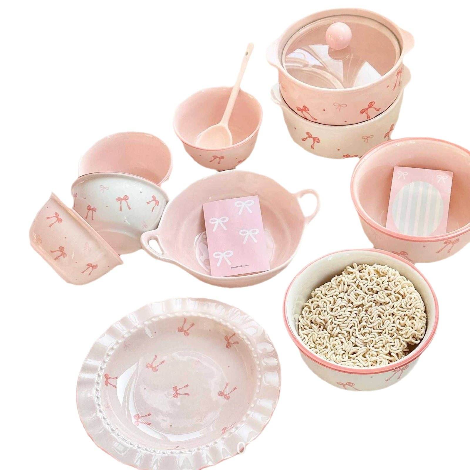 Ceramic Tableware Set (Fuchsia) with Bow Motif, Home Dining, Assorted Pieces