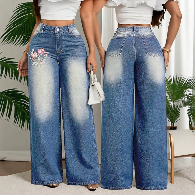 European and American Style Floral Embroidered Wide-Leg Jeans for Women, High-Waisted, Washed, Loose Fit, Slimming, Drapey, Floor-Length Straight Pants European and American Style Floral Embroidered Wide-Leg Jeans for Women, High-Waisted, Washed, Loose Fit, Slimming, Drapey, Floor-Length Straight Pants