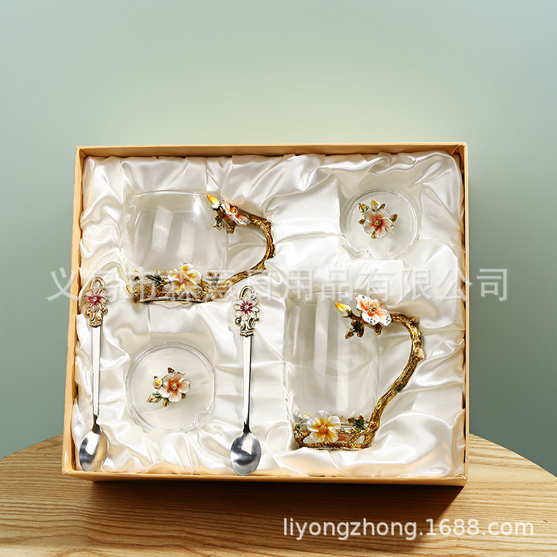 Esmalte taza de agua de color flor creativa taza de té taza de jugo taza de vidrio de cristal resistente al calor taza de café taza de pareja de gama alta regalo de la taza