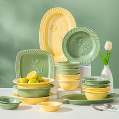 2023 New Ceramic Rice Bowl Soup Bowl Creative Embossed Bowl and Dish Set Simple Modern Dish Plate Fish Plate Tableware