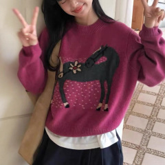 韩系卡通小马提花圆领套头毛衣女秋冬新款宽松时尚减龄针织衫上衣
