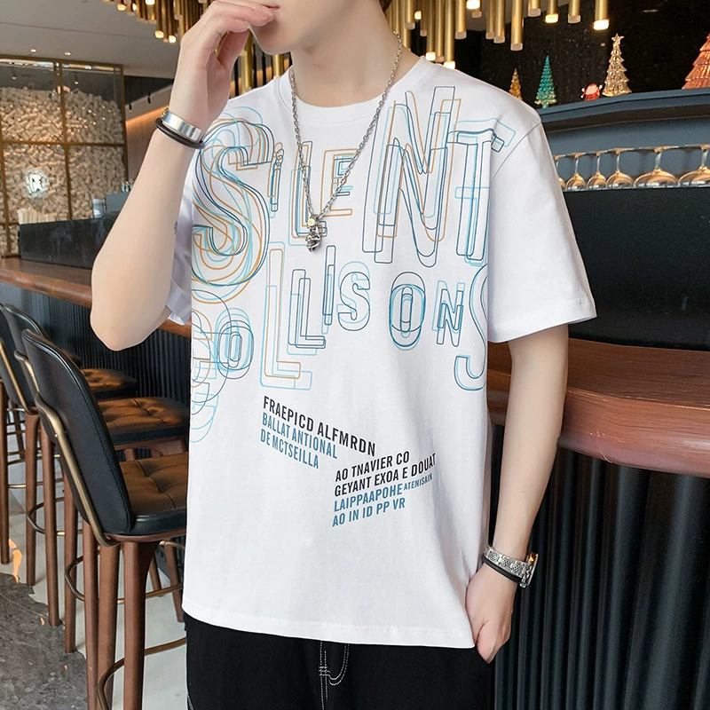 Мужская хлопчатобумажная футболка с короткими рукавами Мужская мода 2024 Летняя новая свободная Rs с половиной рукава прилив дикий повседневный топ